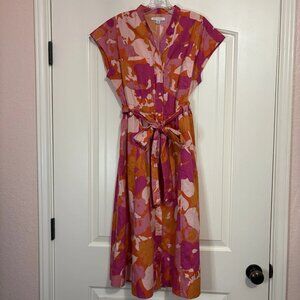 Free Assembly Floral Women Belted Midi Shirt Dress Cap Sleeves Sz S Orange Pink